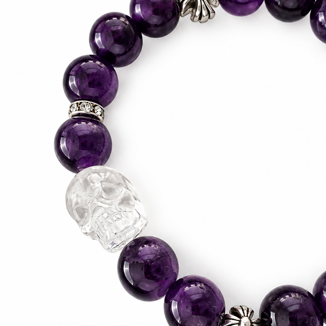 Brazilian Amethyst & Clear Quartz Skull Bracelet