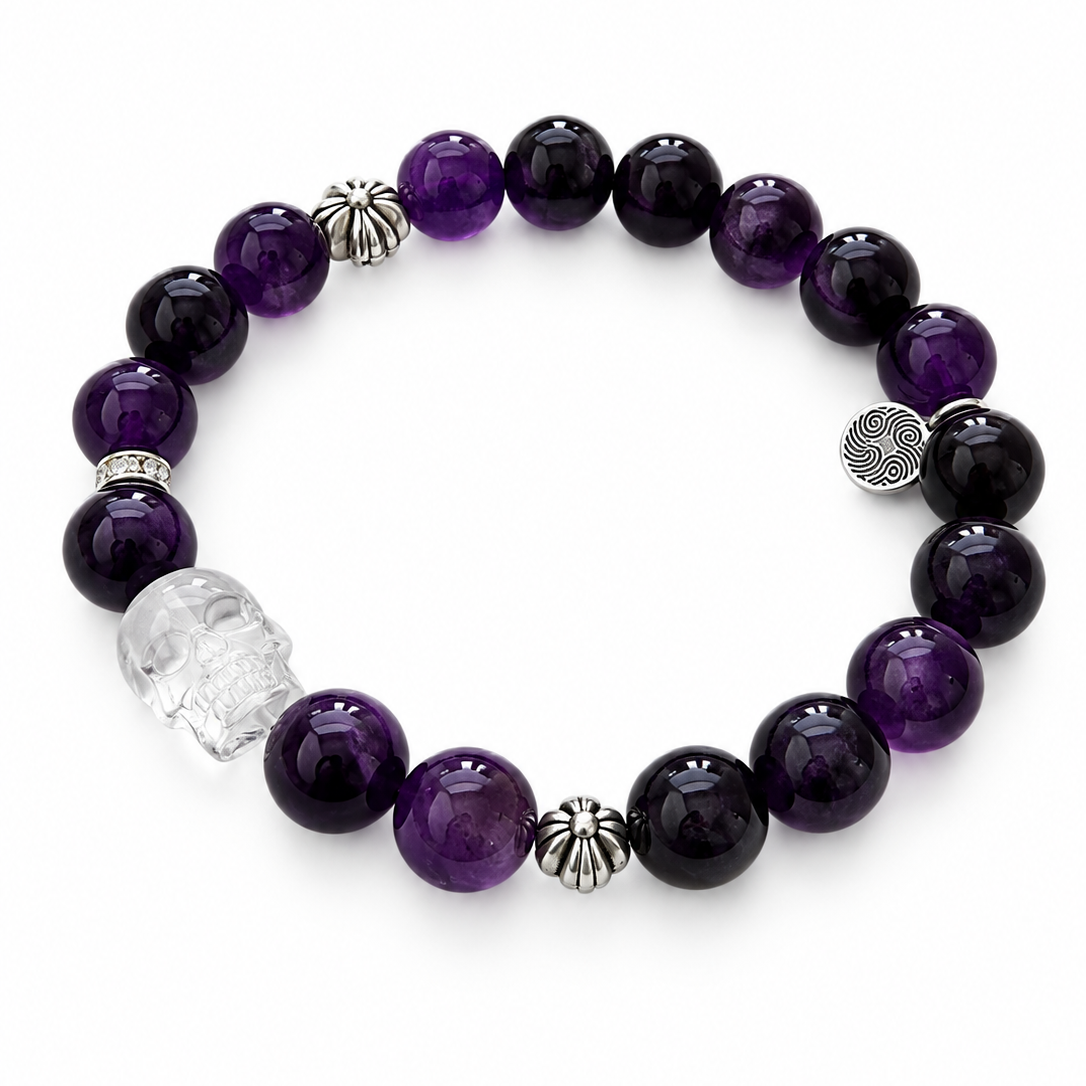 Brazilian Amethyst & Clear Quartz Skull Bracelet