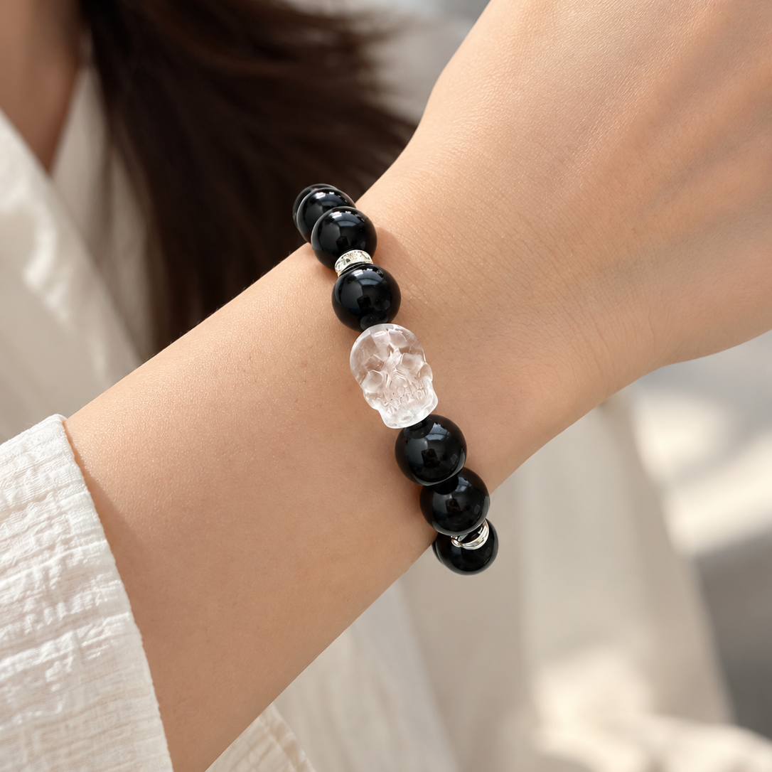 Obsidian & Clear Quartz Skull Bracelet