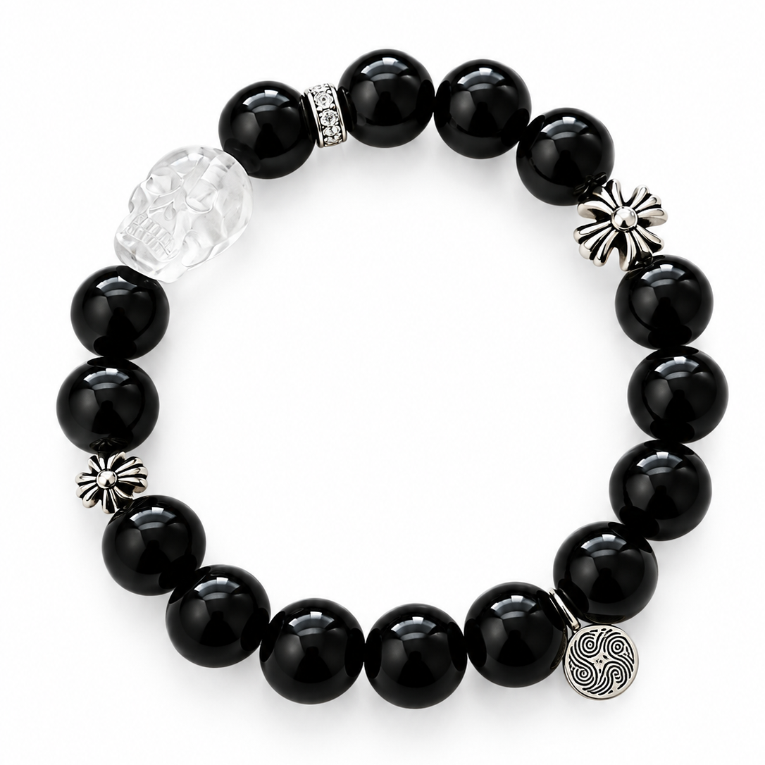 Obsidian & Clear Quartz Skull Bracelet
