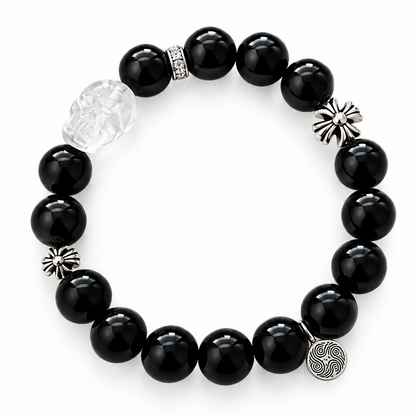Obsidian & Clear Quartz Skull Bracelet